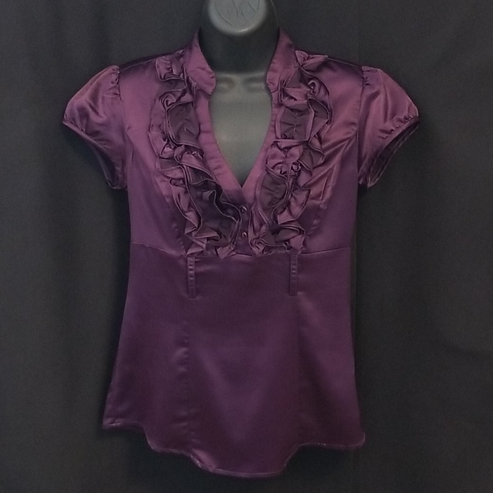 Purple Satin Blouse with Ruffle Detail